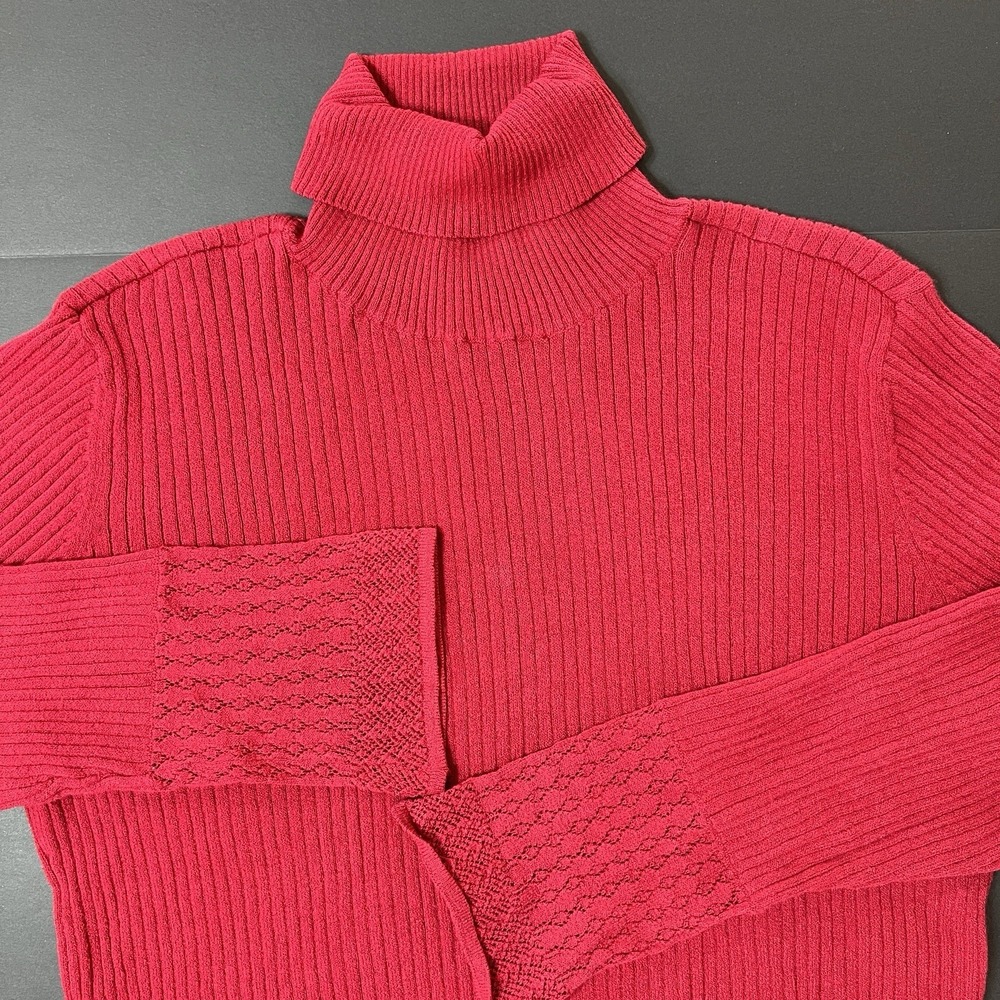 Vintage Leslie Fay Turtle Neck Women's L Red Crochet Sleeves Preppy Business